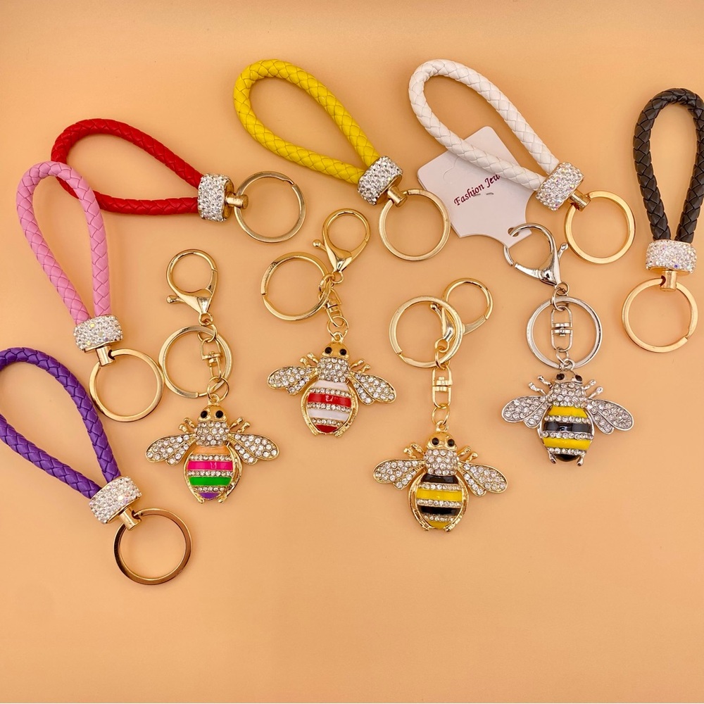 🐝 BEE Rhinestone Bling Bag Charm Keychain, Choice of Style & Braided Key Ring